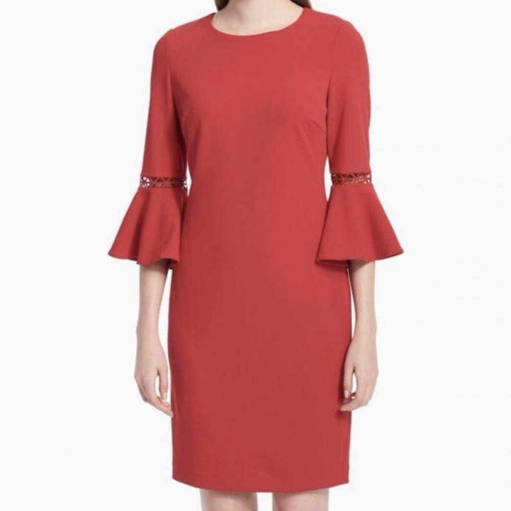 Calvin Klein Red Lattice Bell‎ Sleeve Stretch Crepe Sheath Dress Size 6